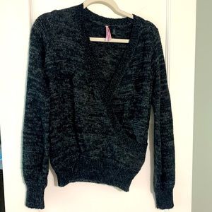 Marled black wrap front sweater